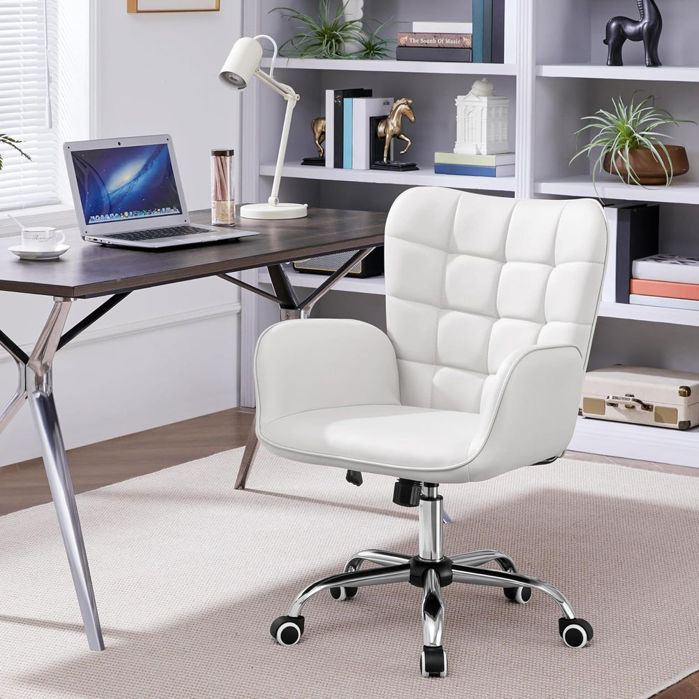 Yaheetech Tufted White Faux Leather Swivel Vanity Desk Chair with Armrests