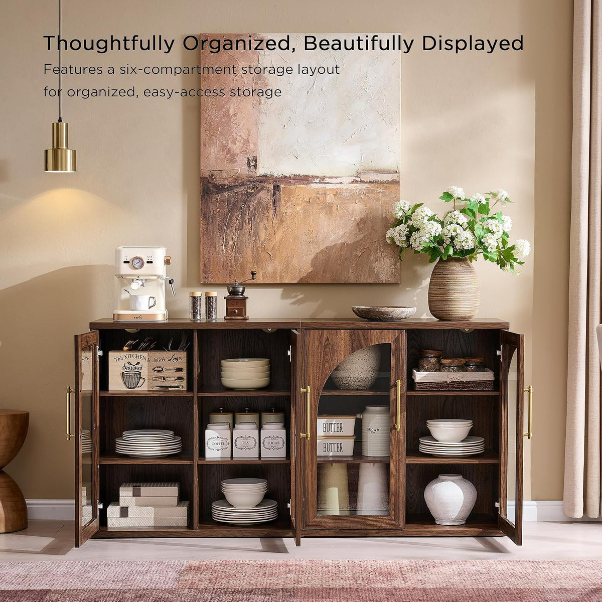 ACCOHOHO Glass Arched Door Sideboard Buffet Cabinet, Brown
