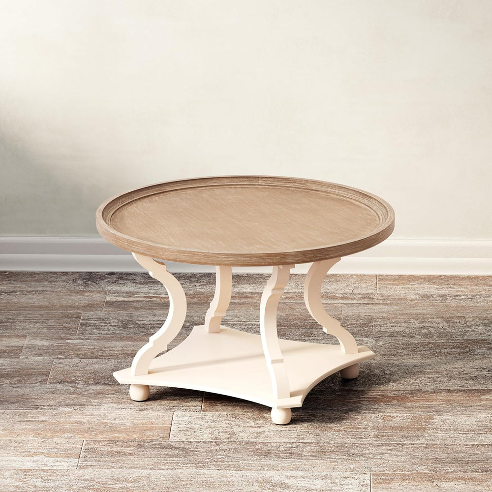 COZAYH Coffee Table - Round Farmhouse Coffee Table - Wood Tray Top, White