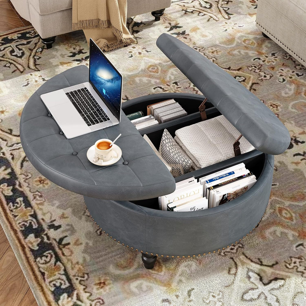 FiveWillowise 31.5 Inch Large Round Ottoman with Storage Circular,Gray Grey