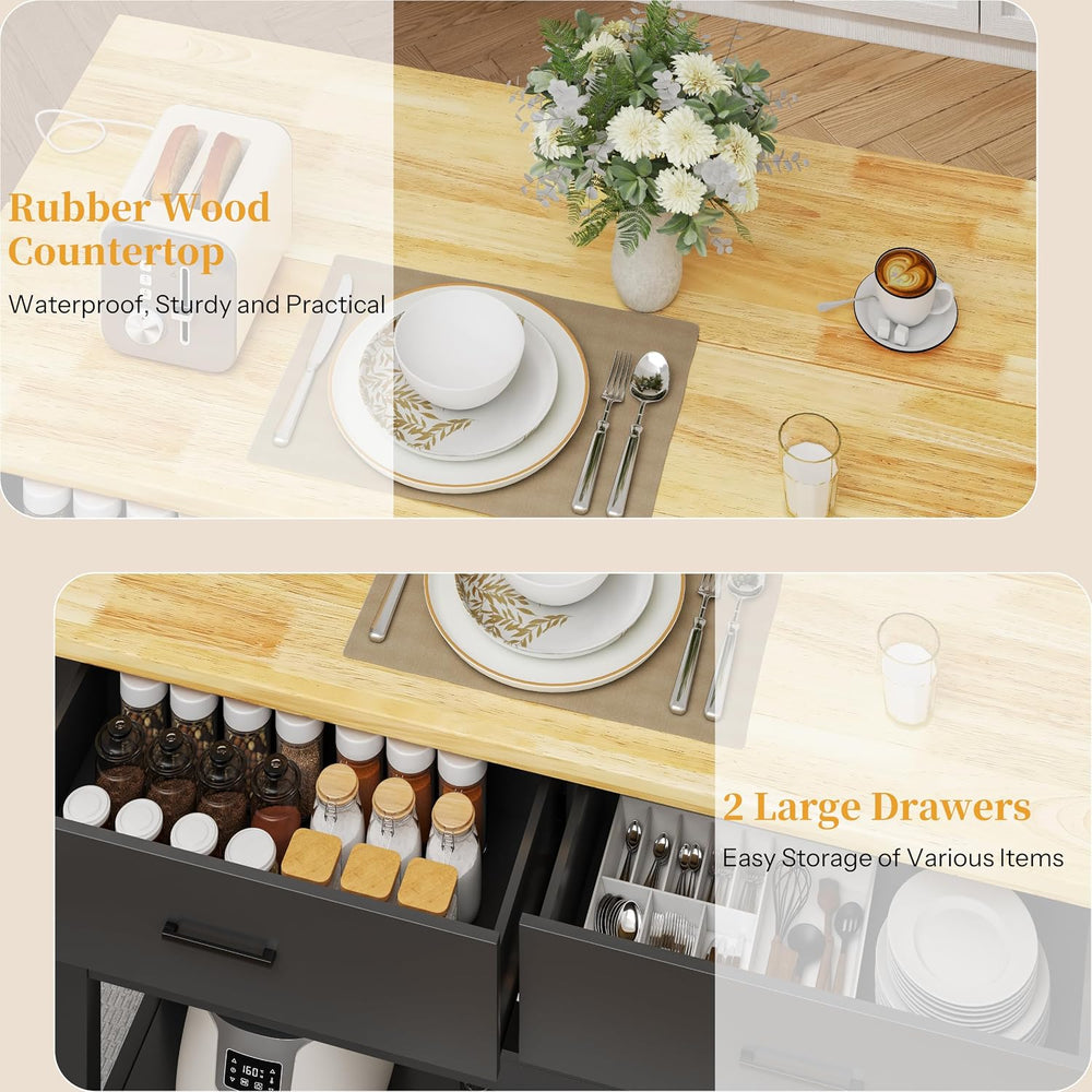 47.3" Kitchen Island with Power Outlets - Solid Rubberwood Top, Black