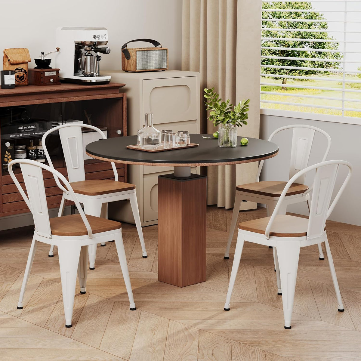 18 Inch Metal Dining Chairs Set of 4 Farmhouse Kitchen Chairs with Wooden Seat and Metal Backrest Stackable White Dining Room Seating