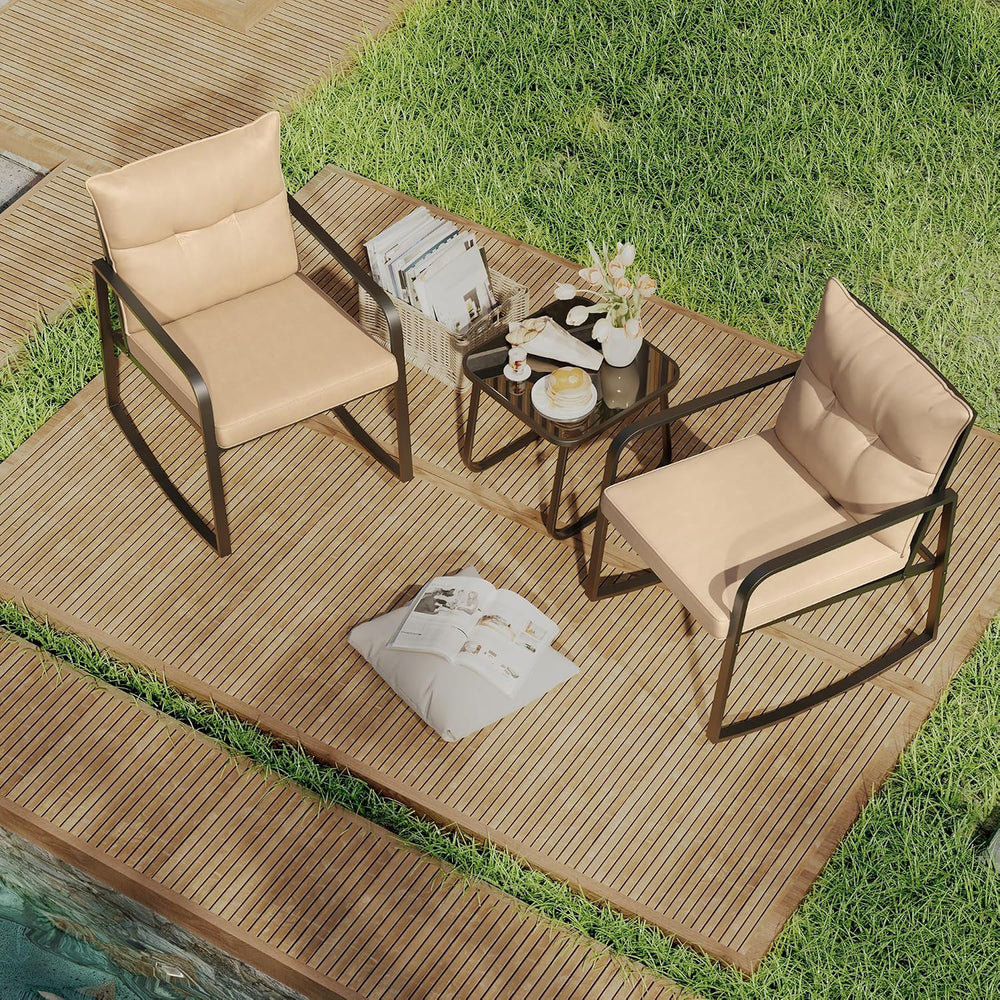 Gizoon 3 Pcs Rocking Bistro Set, Black Steel Patio Furniture,Beige Cushion