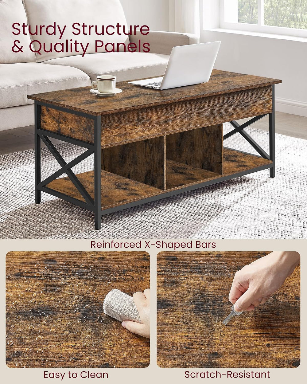 VASAGLE Lift Top Coffee Table with Storage Shelf, 3 Compartments