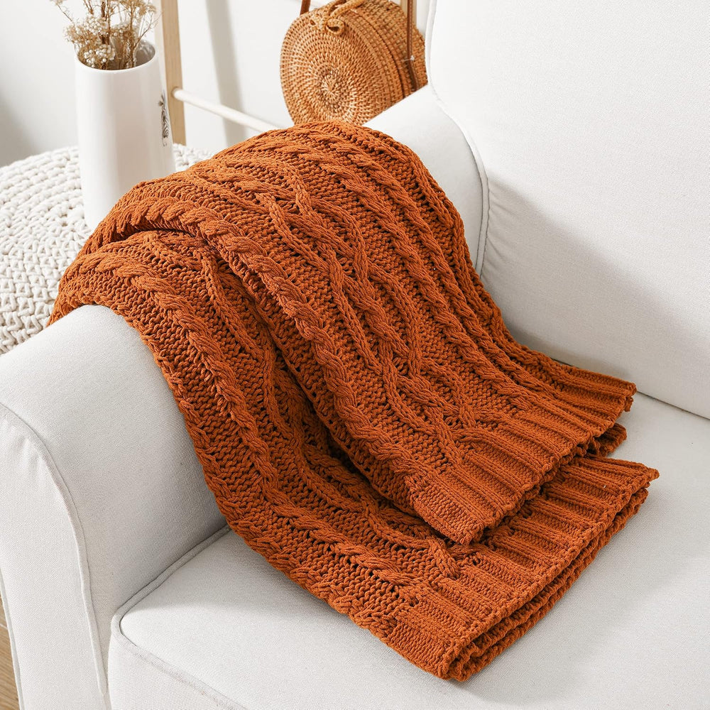 Battilo Rust Orange Throw Blanket for Couch, 51" x 67", Cable Knit ...