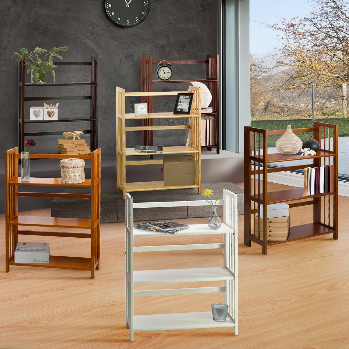casual home 3-shelf 27.5" wide folding stackable bookcase showing dimensions