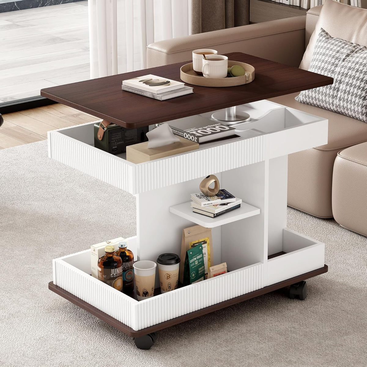 Adjustable Lift Top End Table with Wheels, Modern Multifunctional Sofa Side Table with 360 Degrees Rotating Top, Storage Space for Living Room, Small Space, Brown
