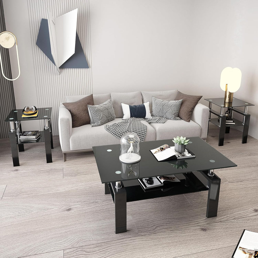 3 Piece Living Room Table Set, Glass Coffee Table and End Table Set of 3, Cof...