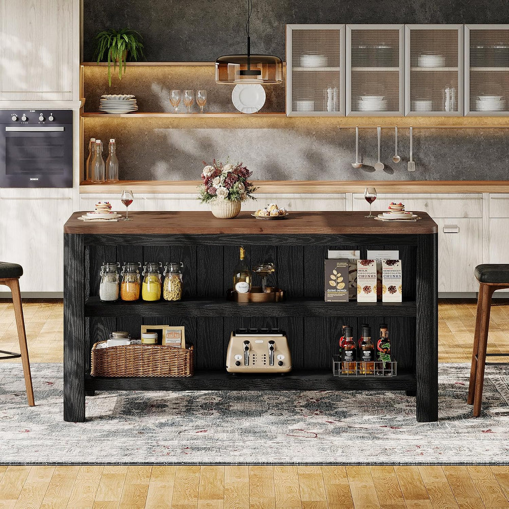 63" Solid Wood Kitchen Island with Storage Shelves, Black
