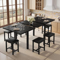VECELO 7-Piece Dining Table Set with 6 Square PU Stools, 63" Expandable Kitchen Table with USB Charging and Metal Frame, Modern Wooden Dining Table for 2-6, Space-Saving, Easy Assembly, Black