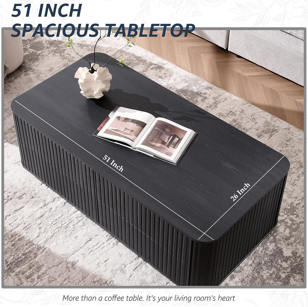 51" Fluted Coffee Table with 4 Drawers, Black Oak
