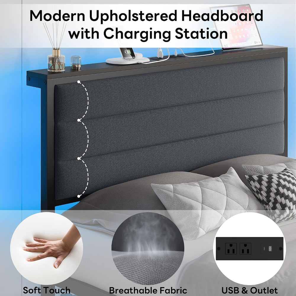 LIKIMIO Full Size Bed Frame with 2 Storage Drawers, Upholstered Headboard