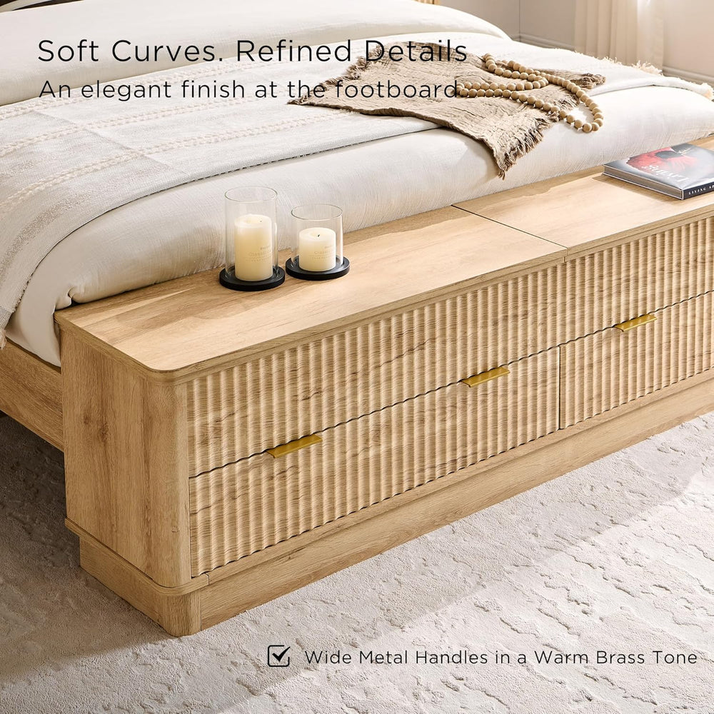 T4TREAM Fluted Queen Bed with Headboard and Storage Bench, Natural Oak