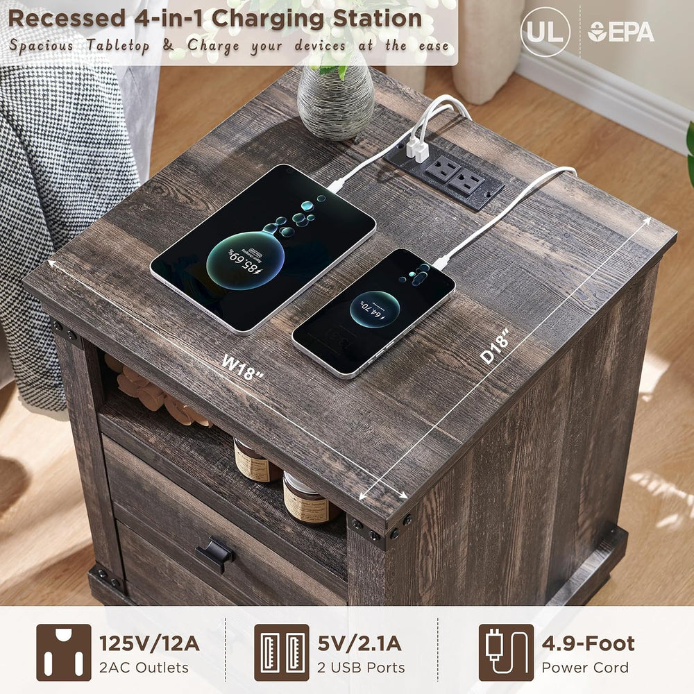 18" Farmhouse Nightstand Set of 2 with Charging Station, Dark Rustic Oak