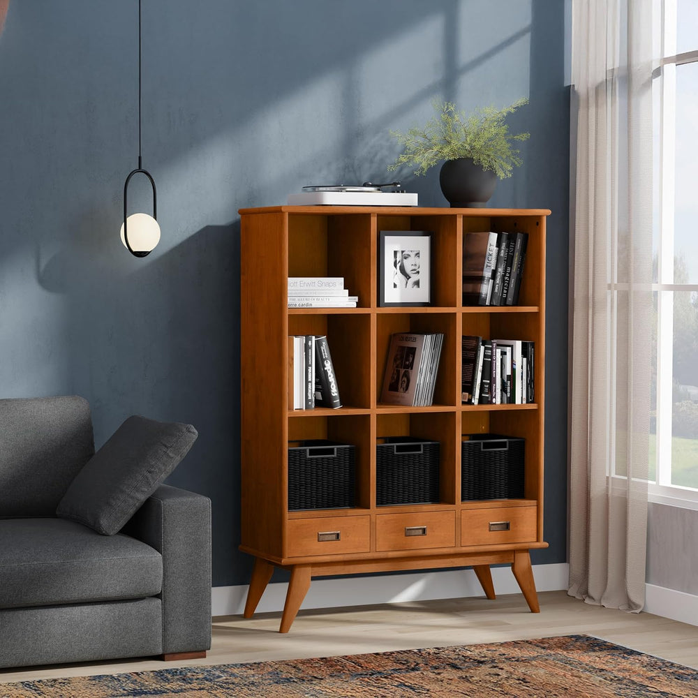 SIMPLIHOME Draper 58" Tall Solid Wood 9-Cube Bookcase in Teak Brown