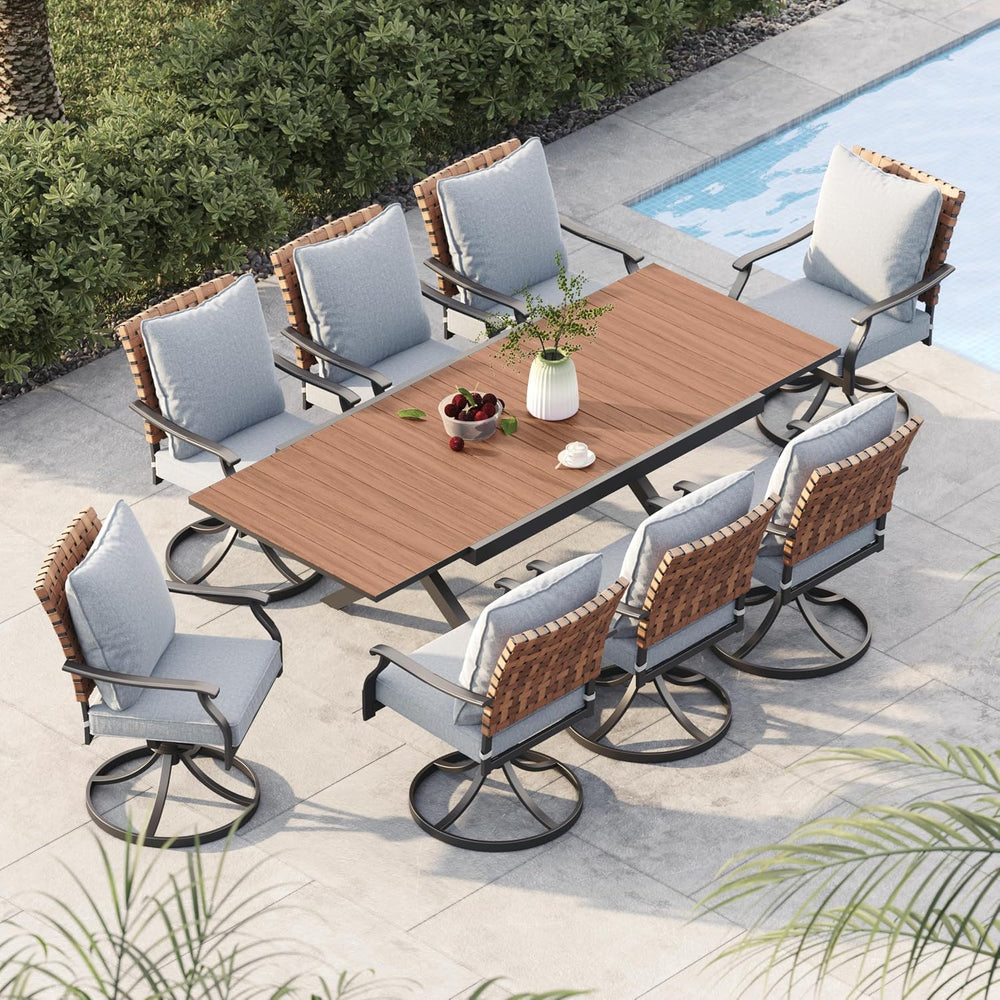 Grand patio 9-Pc Outdoor Swivel Dining Set, 8 Gray Chairs + Table, Brown