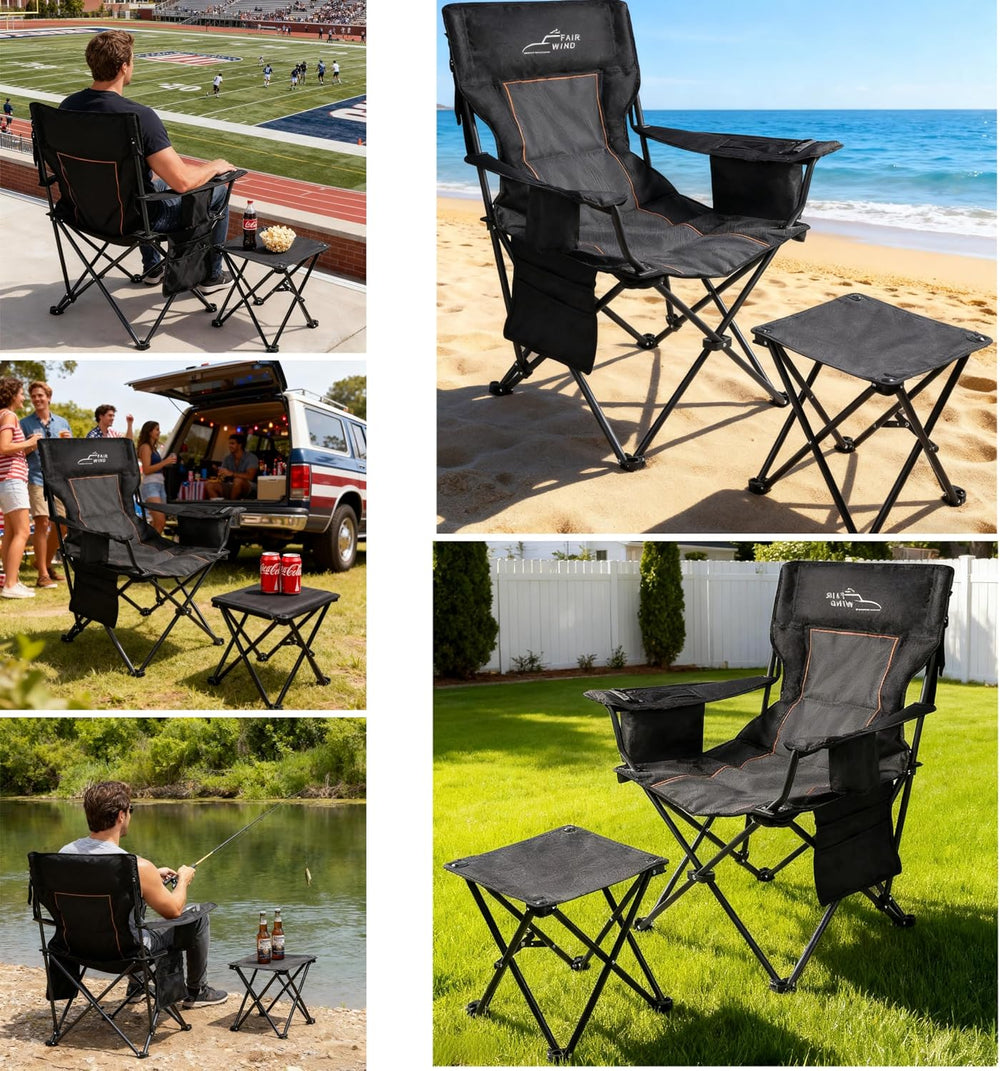 FAIR WIND Oversized Padded Camping Chair with Footrest Stool Set Heavy Duty S...
