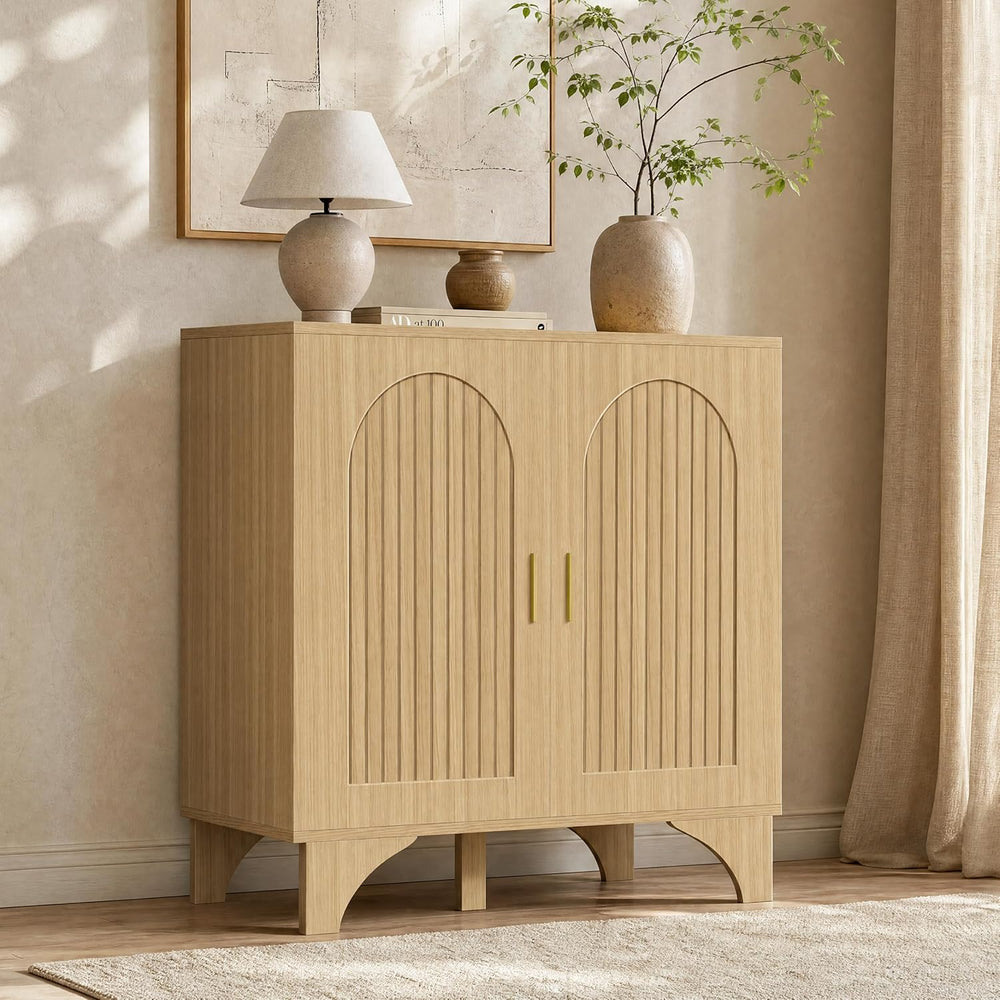 Mid Century Modern Buffet Cabinet Arched Doors Natural Storage Sideboard