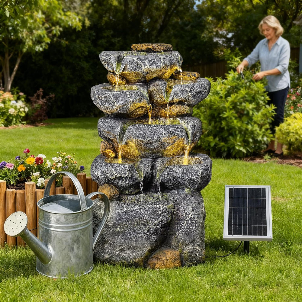 24" Tall Solar Powered Water Fountain Cascading Rock Waterfall