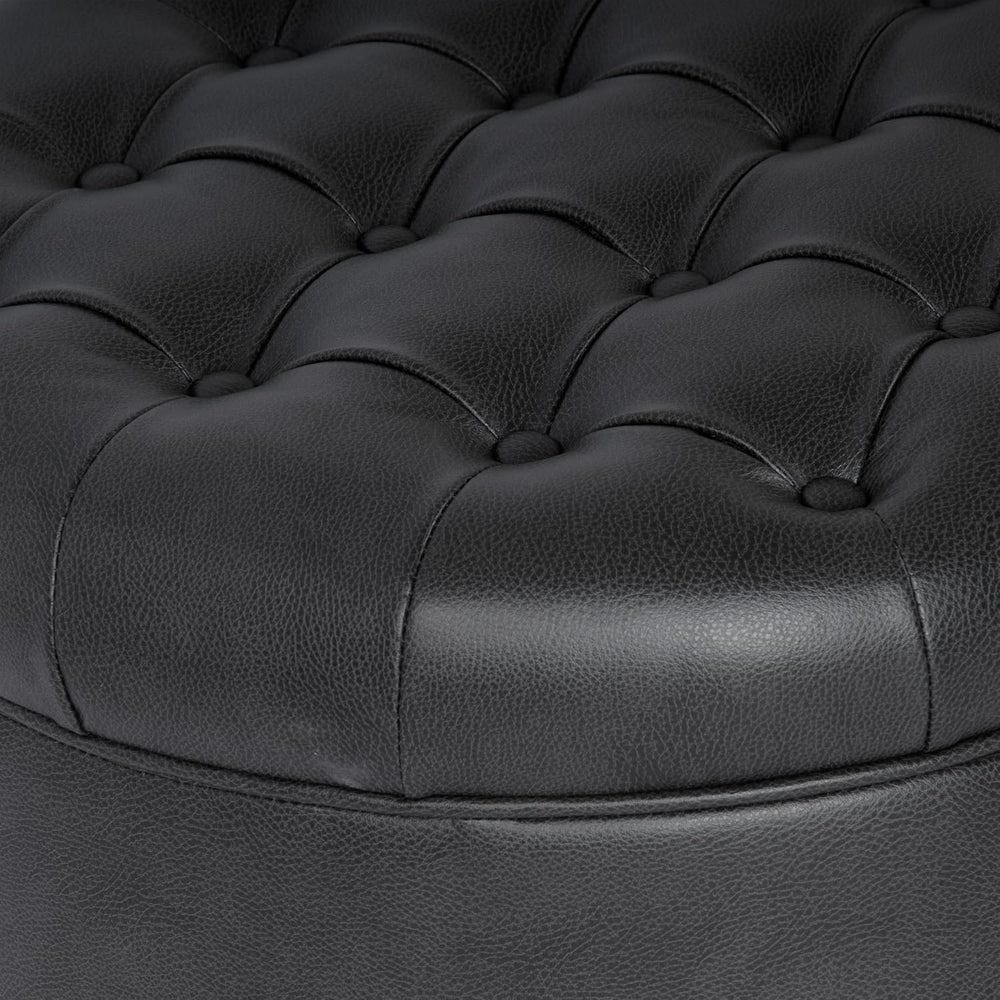 HomePop 25" Button Tufted Round Storage Ottoman - Black Faux Leather