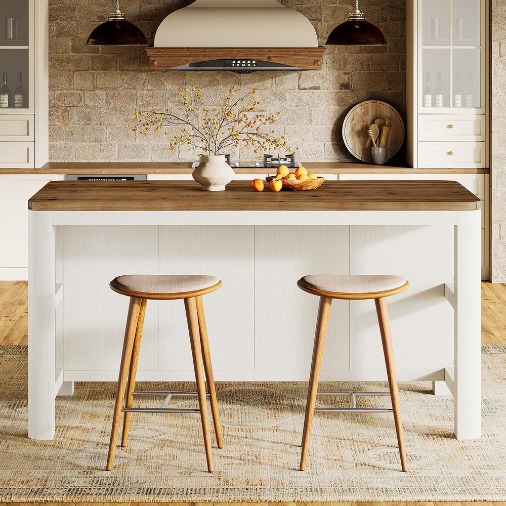 63" Solid Wood Kitchen Island with Storage Shelves, White & Brown