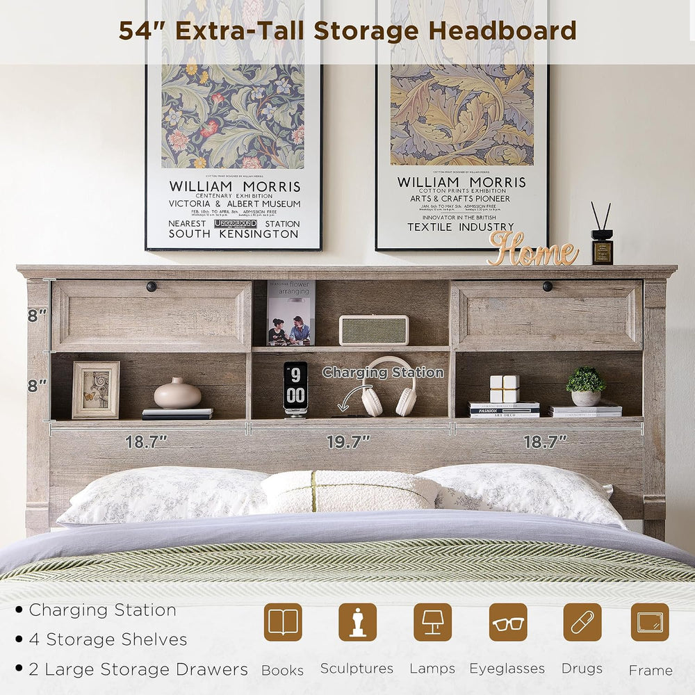 Queen Size Bed Frame 2 Drawer & 4 Storage Rack Headboard Charging Station