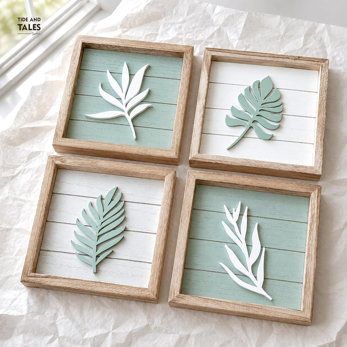 Tide and Tales 3d Sage Green Framed Wall Art, Set of 4, Bathroom Decor
