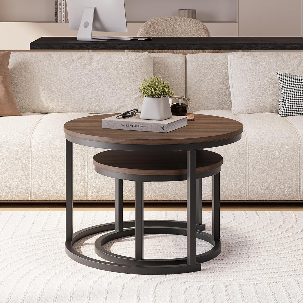 HOJINLINERO Round Nesting Coffee Table Set of 2,Walnut Coffee Table,Large
