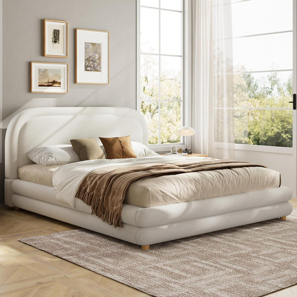 Virubi Queen Size Boucle Upholstered Bed Frame with Boucle Upholstered Thick Curved Headboard, Modern Half-Round Design Platform Bed with Solid Wood Legs, White (Queen)