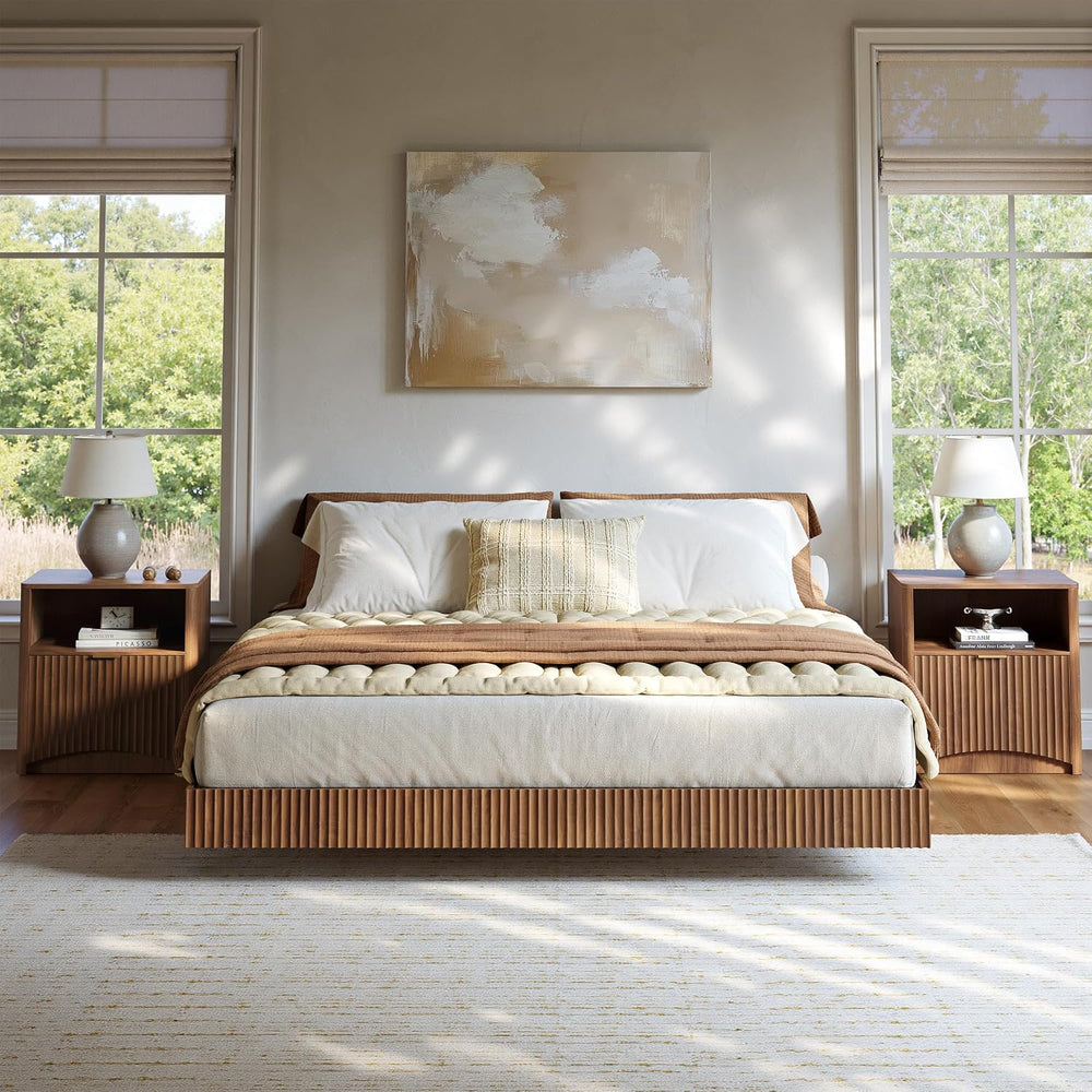 Evermagin Queen Bedroom Set, Fluted Floating Bed Frame & Nightstands,Walnut