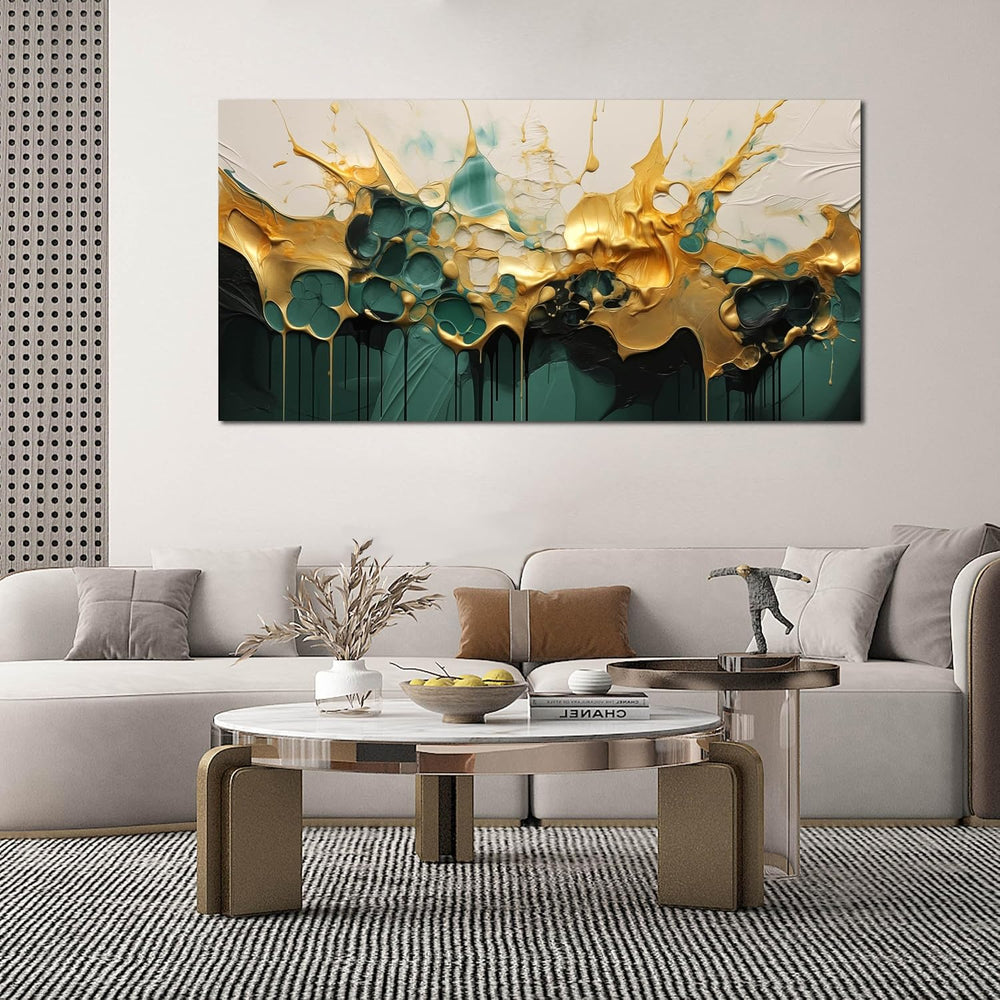 SKYRISE Abstract Teal Gold Canvas Wall Art for Living Room, Dark Green Wall-D...