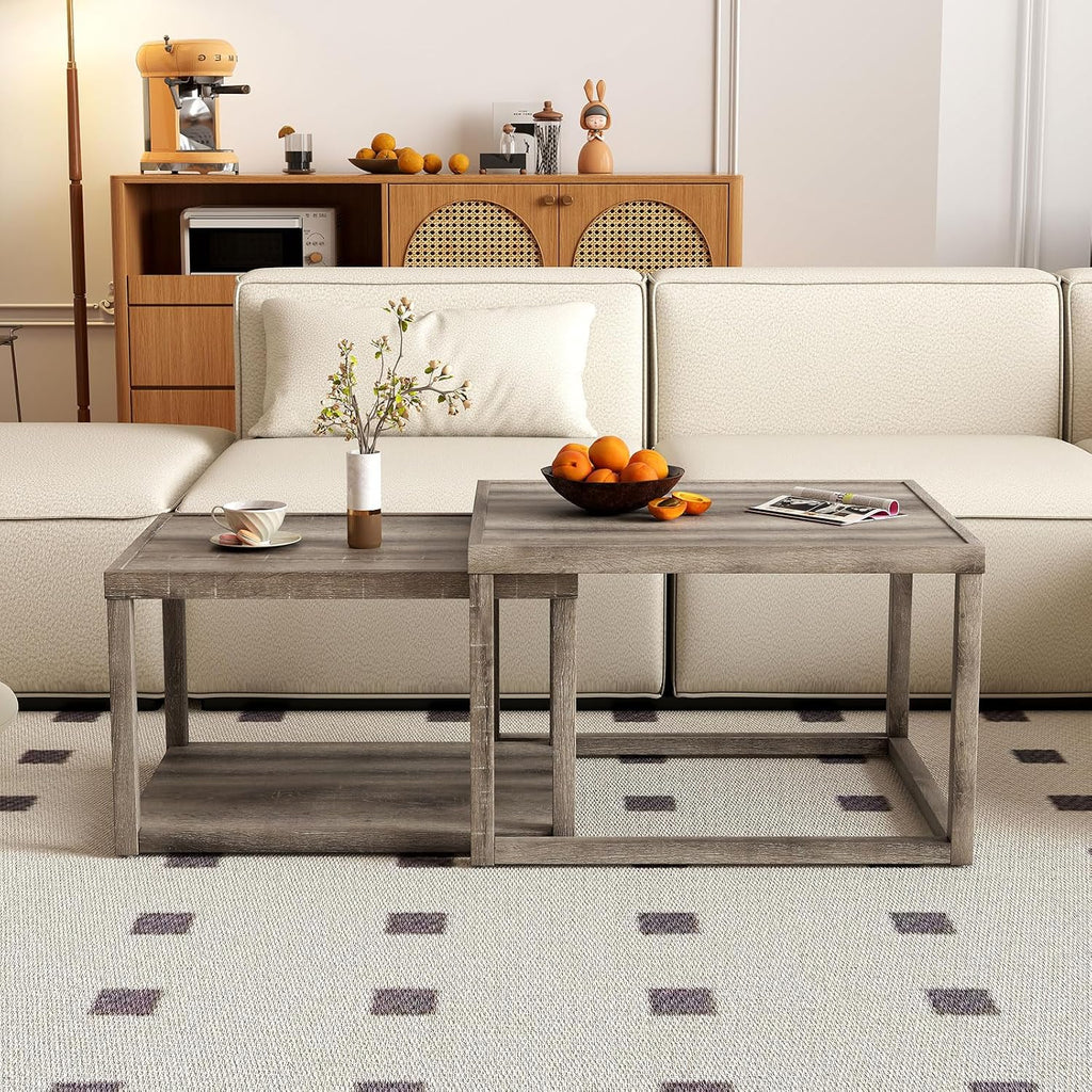 GOFLAME Nesting Coffee Tables Set of 2, Stackable Rectangular Center Table with Storage Shelf, Solid Rubber Wood Frame, Farmhouse Accent Tea Table for Living Room, Small Space, Gray Oak
