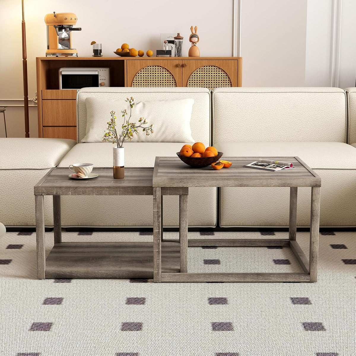 GOFLAME Nesting Coffee Tables Set of 2, Stackable Rectangular Center Table with Storage Shelf, Solid Rubber Wood Frame, Farmhouse Accent Tea Table for Living Room, Small Space, Gray Oak