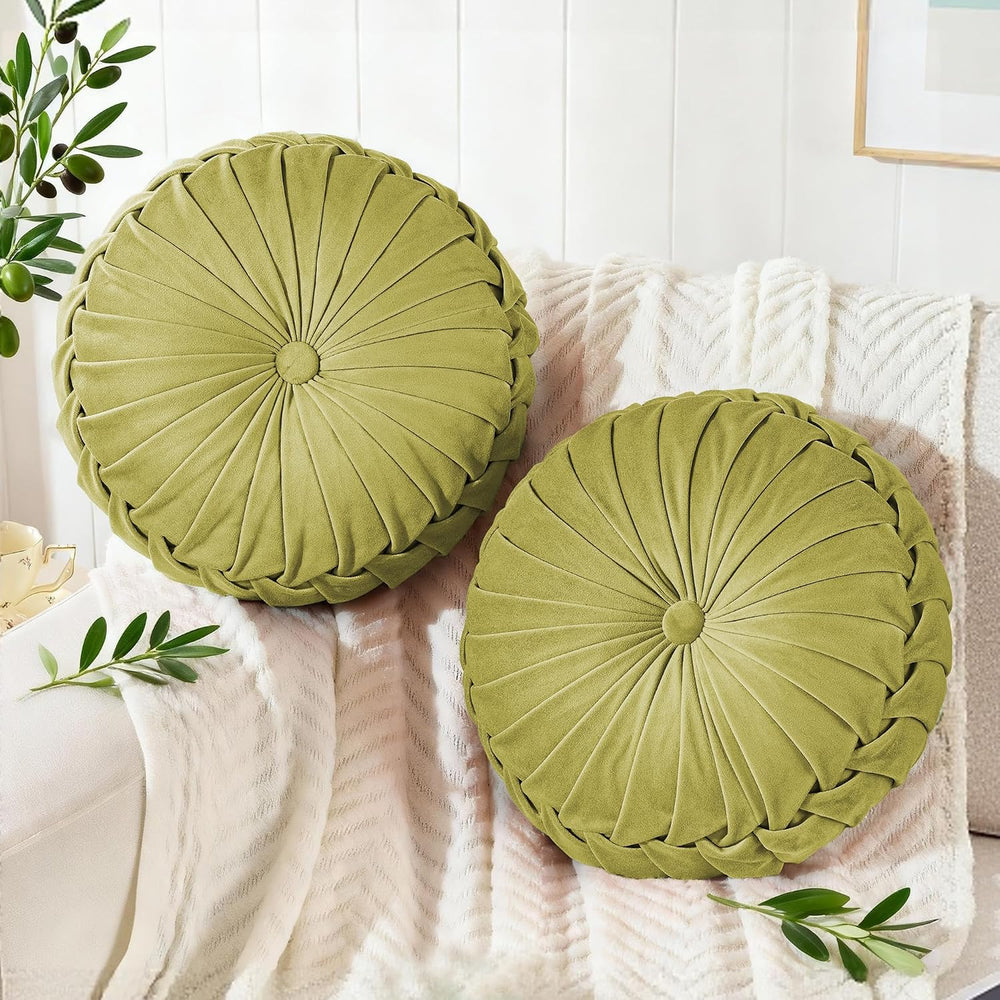ROSE&RISY Round Pleated Velvet Throw Pillow, 2 Pack Decorative Accent Pum...