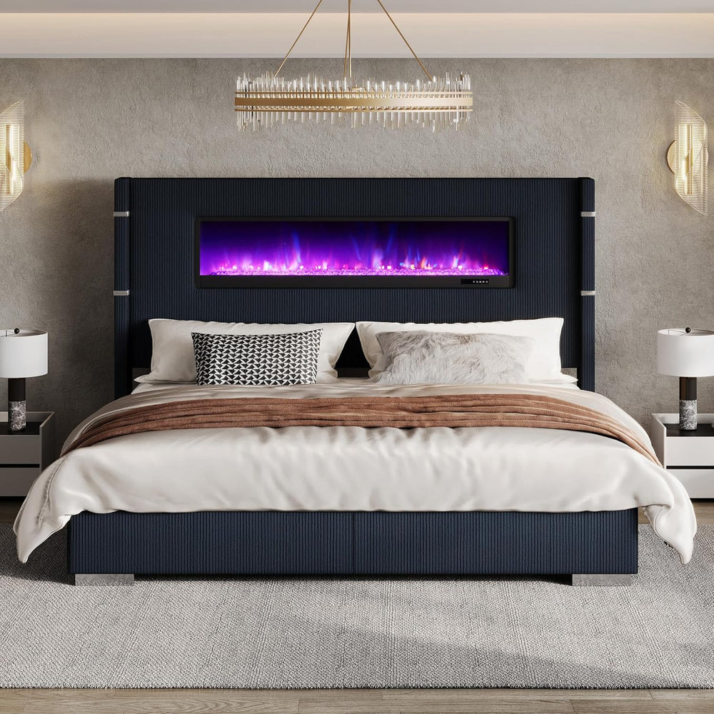 AMERLIFE Cal King Fireplace Bed Frame, Upholstered Headboard, Black