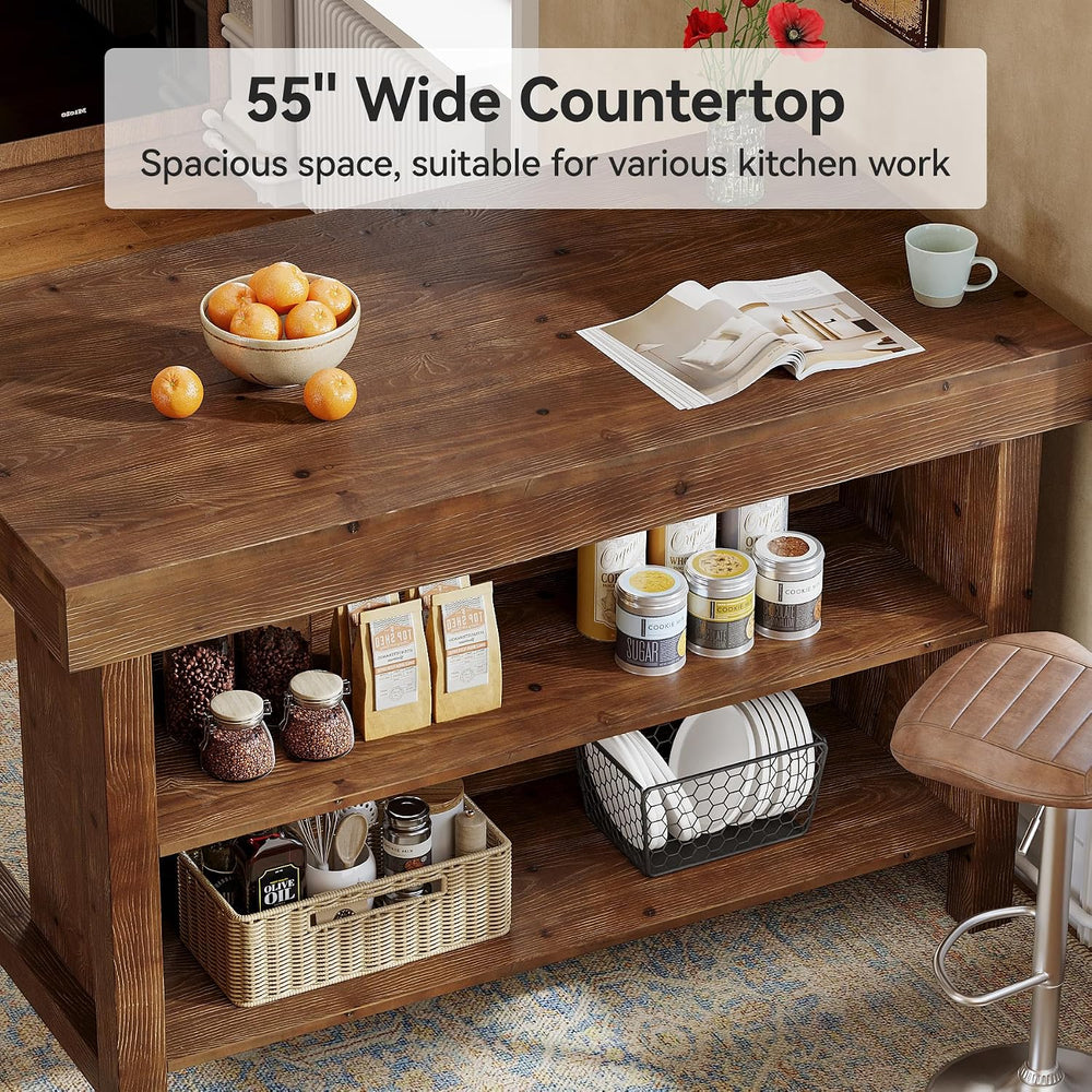 Solid Wood Kitchen Island, 3-Tier 55 Inch Stationary Island Table