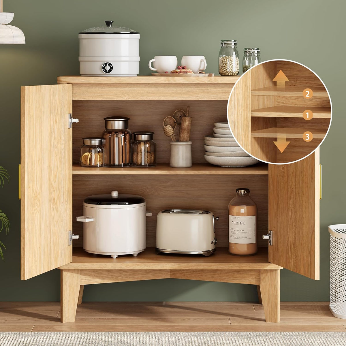 Xixini Fluted Sideboard Buffet Cabinet, 30" Wood Coffee Bar Cabinet, Oak