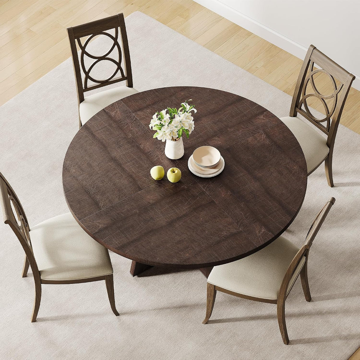idealhouse 47 in round large dining table set, front angle view