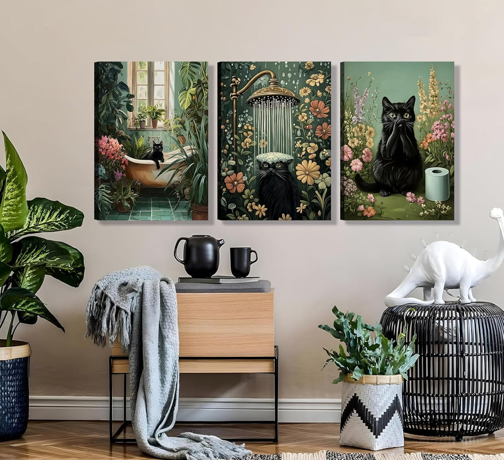 3pcs Framed Black Cat Bathroom Wall Art 12x16 inches Can Be Hung Directly