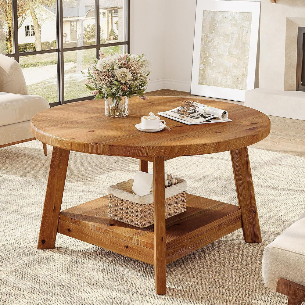 Solid Wood Round Coffee Table for Living Room, 31.5” Farmhouse Wooden 2-Tier ...