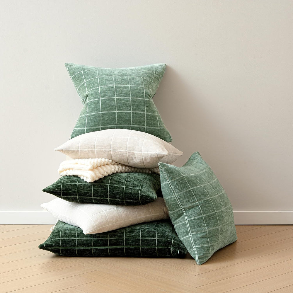 Decorative Chenille Plaid Throw Pillow Covers Sage Green 24x24 Set of 2