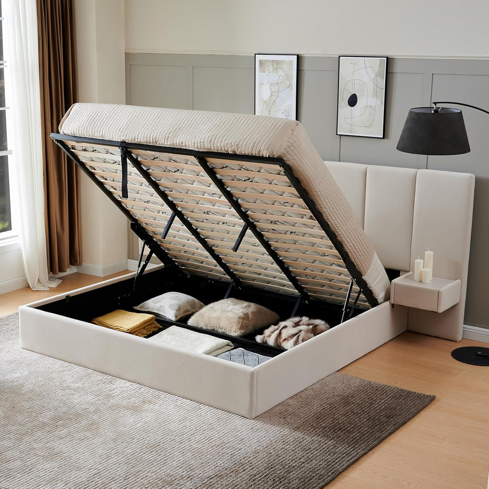 King Size Lift Up Storage Bed Frame with 2 Built-in Nightstands, Beige