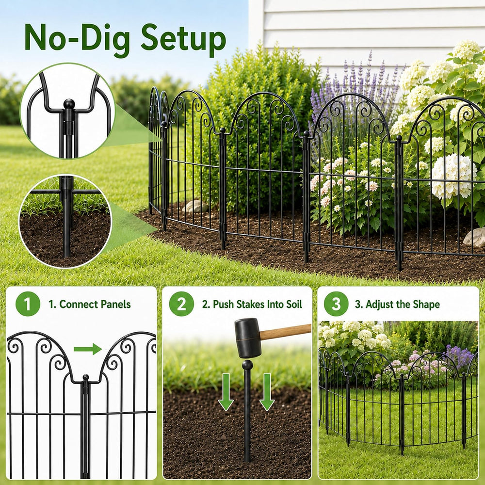 Garden Fence 10 Panels, 17 in H Above Ground, No Dig Metal Fence