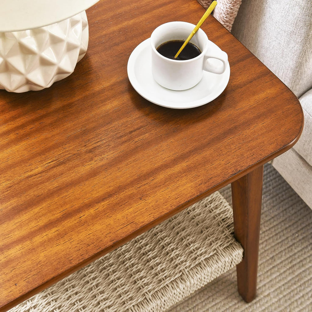 23" Handwoven Storage Corner End Table, Retro End Table with Stable Load-Bearing Design, Decorative Accent Table for Living Room Office, Walnut