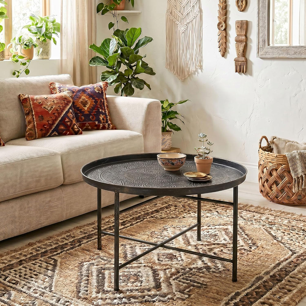 HOMCOM 24" Hammered Round Coffee Table Vintage Metal Side Table Pewter