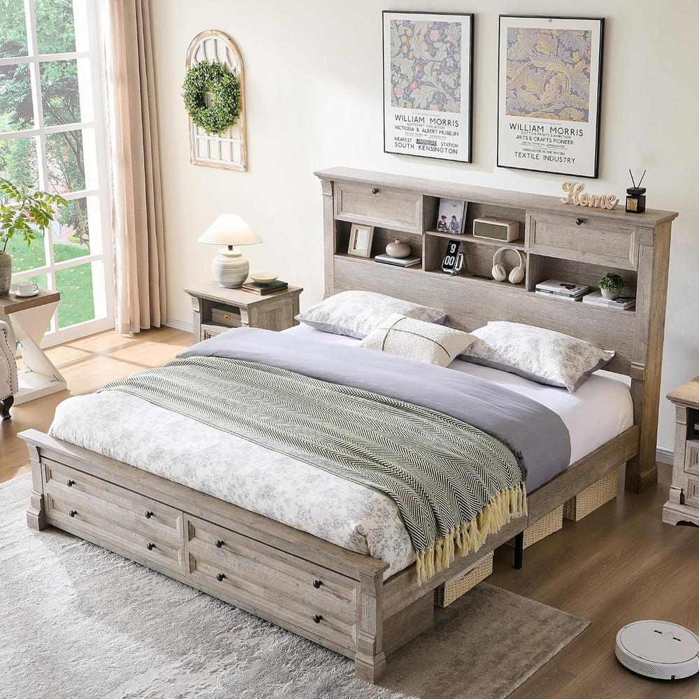 Queen Size Bed Frame 2 Drawer & 4 Storage Rack Headboard Charging Station