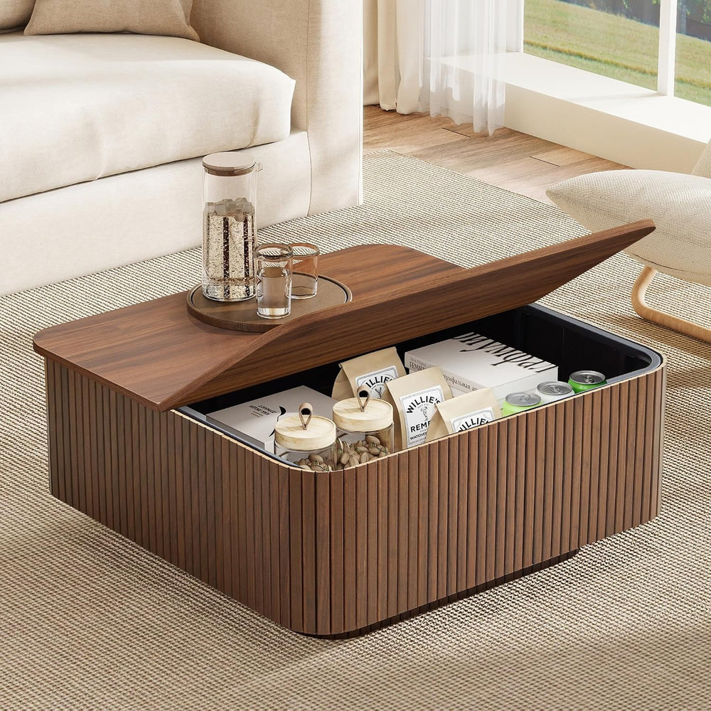 31.5" Square Coffee Table with Storage, Fluted & Floating Base (Walnut)
