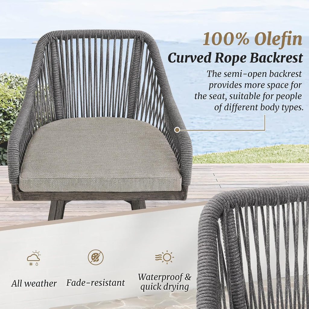 Cozyman Outdoor Bar Stools Set of 6, 360° Swivel Aluminum Rattan Bar Stool with Olefin Rope Curved Backrest and Armrest, Modern BarStools with Removable Cushion for Patio, Garden, Kitchen, Grey