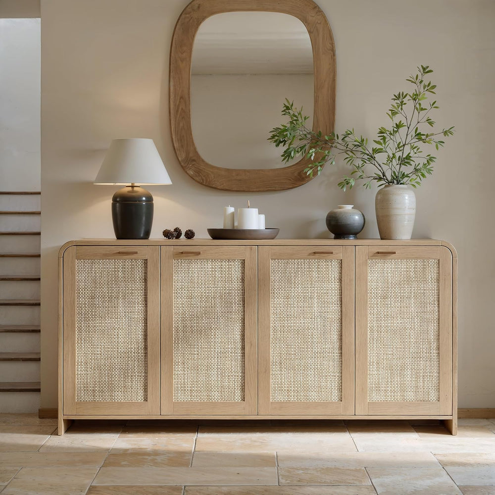 Evermagin 67" Rattan Sideboard Buffet Cabinet with Storage, Natural Oak