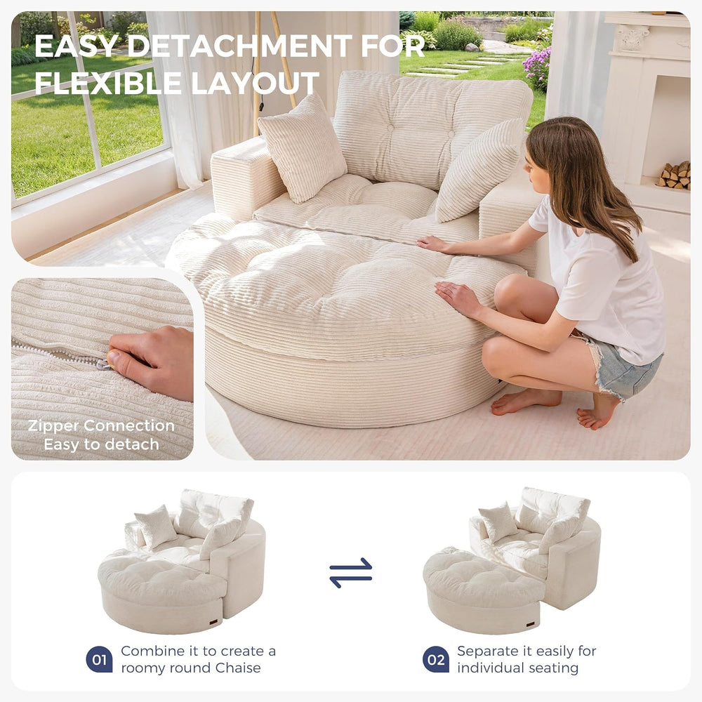MAXYOYO Oversized Round Chaise Lounge Sofa, Boneless Chair with Ottoman